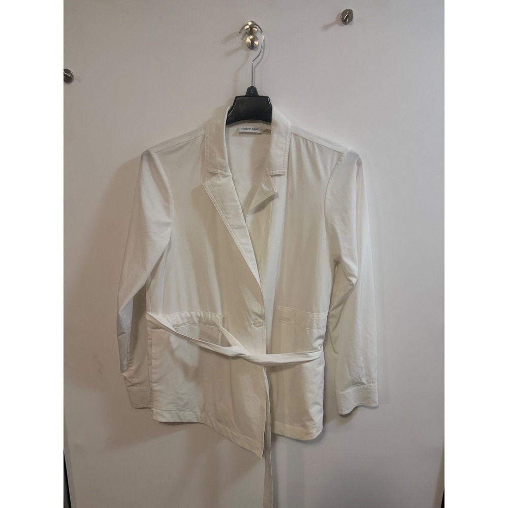 Calvin Klein Womens White Belted Blazer Jacket Single Button Stretch Size L